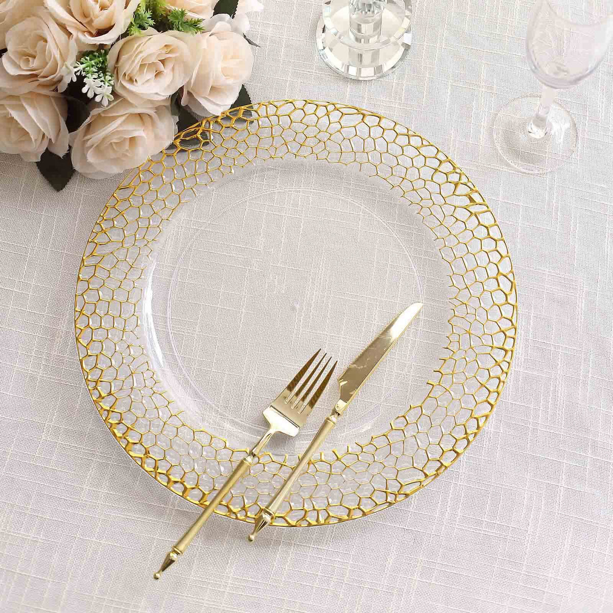 6-Pack Acrylic Charger Plates 13" Round Clear with Gold Hammered Rim - Decorative Plastic Charger Tableware